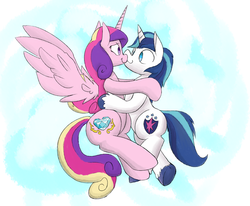 Size: 5000x4120 | Tagged: safe, artist:martinhello, princess cadance, shining armor, alicorn, pony, unicorn, g4, absurd resolution, cuddling, duo, duo male and female, eye contact, female, hug, kiss on the lips, kissing, looking at each other, looking at someone, male, mare, ship:shiningcadance, shipping, smiling, snuggling, spread wings, stallion, straight, wings
