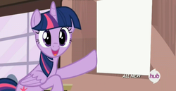 Size: 1448x746 | Tagged: safe, screencap, twilight sparkle, alicorn, pony, g4, three's a crowd, exploitable, female, hub logo, mare, solo, twilight sparkle (alicorn)