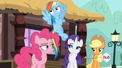 Size: 1438x809 | Tagged: safe, screencap, applejack, pinkie pie, rainbow dash, rarity, earth pony, pegasus, pony, unicorn, g4, three's a crowd, applejack's hat, cowboy hat, female, flying, hat, mare, pinkie pie is not amused, unamused