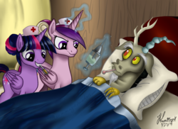 Size: 1024x745 | Tagged: safe, artist:teammagix, discord, princess cadance, twilight sparkle, alicorn, pony, g4, three's a crowd, backwards thermometer, bed, clothes, female, folded wings, mare, needle, nurse, scene parody, sisters-in-law, syringe, thermometer, twilight sparkle (alicorn), wings