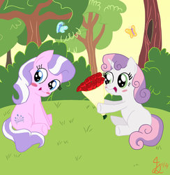 Size: 882x905 | Tagged: safe, artist:icesticker, diamond tiara, sweetie belle, g4, blushing, bouquet, female, lesbian, ship:diamondbelle, shipping, sitting