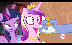 Size: 1680x1050 | Tagged: safe, edit, edited screencap, screencap, discord, princess cadance, twilight sparkle, alicorn, pony, g4, three's a crowd, blue flu, female, flashback potion, mare, not milk, out of context, sisters-in-law, twilight sparkle (alicorn)