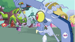 Size: 576x324 | Tagged: safe, screencap, discord, twilight sparkle, alicorn, pony, g4, three's a crowd, animated, blue flu, calipers, female, forced perspective, hub logo, hubble, magnifying glass, male, mare, phrenology, the hub, twilight sparkle (alicorn)
