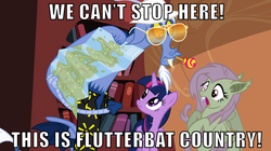Size: 629x353 | Tagged: safe, edit, edited screencap, screencap, discord, fluttershy, twilight sparkle, alicorn, bat pony, pony, bats!, g4, three's a crowd, bat country, blue flu, fear and loathing in las vegas, flutterbat, image macro, race swap, raoul duke, twilight sparkle (alicorn), we can't stop here this is bat country