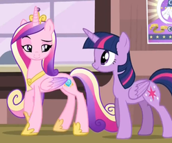 Size: 753x629 | Tagged: safe, screencap, princess cadance, twilight sparkle, alicorn, pony, g4, three's a crowd, concave belly, cropped, crown, duo, duo female, female, folded wings, hoof shoes, jewelry, lidded eyes, looking back, mare, peytral, physique difference, princess shoes, raised eyebrow, raised hoof, regalia, side view, sisters-in-law, slender, smiling, standing, thin, twilight sparkle (alicorn), wings