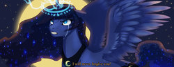 Size: 3522x1368 | Tagged: safe, artist:naminzo, princess luna, g4, backlighting, crying, female, floppy ears, glare, gritted teeth, magic, magic circle, moon, runes, solo, spread wings
