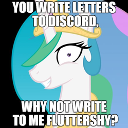 Size: 473x475 | Tagged: safe, fluttershy, princess celestia, g4, my little pony: friendship is magic, three's a crowd, female, image macro, solo, yandelestia, yandere