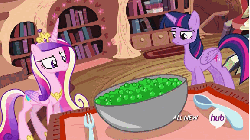 Size: 576x324 | Tagged: safe, screencap, princess cadance, twilight sparkle, alicorn, pony, g4, three's a crowd, animated, bowl, cheese, cheese grater, conjuring, cooking, duo, female, food, fork, hub logo, hubble, mare, pea, sisters-in-law, spoon, the hub, twilight sparkle (alicorn)