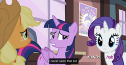 Size: 1600x830 | Tagged: safe, screencap, applejack, rarity, twilight sparkle, alicorn, pony, g4, three's a crowd, female, mare, meme, twilight sparkle (alicorn), youtube caption