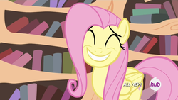 Size: 1280x720 | Tagged: safe, screencap, fluttershy, g4, three's a crowd, female, hub logo, hubble, smiling, solo