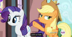 Size: 1600x830 | Tagged: safe, screencap, applejack, rarity, g4, three's a crowd, meme, youtube caption