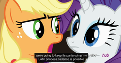 Size: 1600x830 | Tagged: safe, screencap, applejack, rarity, g4, three's a crowd, meme, youtube caption