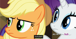 Size: 1600x830 | Tagged: safe, screencap, applejack, rarity, g4, three's a crowd, meme, schubert, youtube caption