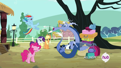 Size: 1280x720 | Tagged: safe, screencap, applejack, discord, pinkie pie, rainbow dash, rarity, pony, g4, three's a crowd, blue flu, hub logo, hubble, sneezing, spit, the hub