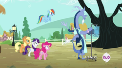 Size: 1280x720 | Tagged: safe, screencap, applejack, discord, pinkie pie, rainbow dash, rarity, pony, g4, my little pony: friendship is magic, three's a crowd, blue flu, hospital gown, hub logo, hubble, the hub