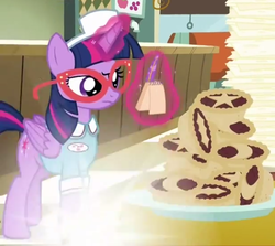 Size: 617x551 | Tagged: safe, screencap, twilight sparkle, alicorn, pony, g4, three's a crowd, clothes, diner, female, food, glasses, magic, mare, mince pie, pie, solo, table, twilight sparkle (alicorn), waitress, waitress twilight sparkle