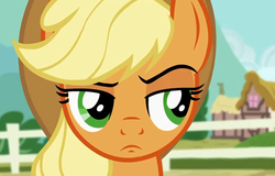 Size: 536x343 | Tagged: safe, screencap, applejack, g4, three's a crowd, female, raised eyebrow, solo, unamused, unconvinced applejack