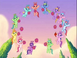 Size: 640x480 | Tagged: safe, screencap, azalea bloom, honeydew hum, tiddly wink, tra-la-la, zipzee, breezie, g3, the princess promenade, unnamed breezie, unnamed character