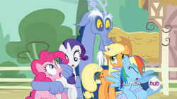 Size: 1440x810 | Tagged: safe, screencap, applejack, discord, pinkie pie, rainbow dash, rarity, pony, g4, three's a crowd, blue flu, group hug, hub logo