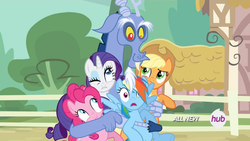 Size: 1440x810 | Tagged: safe, applejack, discord, pinkie pie, rainbow dash, rarity, g4, three's a crowd, blue flu, group hug, hub logo