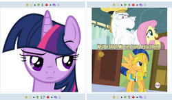 Size: 508x297 | Tagged: safe, edit, edited screencap, screencap, bulk biceps, flash sentry, fluttershy, twilight sparkle, alicorn, pegasus, pony, derpibooru, g4, rainbow falls, female, juxtaposition, male, mare, meme, replacement meme, stallion