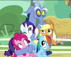 Size: 1342x1080 | Tagged: safe, screencap, applejack, discord, pinkie pie, rainbow dash, rarity, pony, g4, three's a crowd, blue flu, hape, hug, personal space invasion