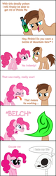 Size: 1292x4036 | Tagged: safe, artist:atanarix, pinkie pie, g4, bottle, burp, comic, evil smile, grin, looking at each other, looking at someone, no skin, poison, sheepish grin, simple background, skull, smiling, tongue out, white background