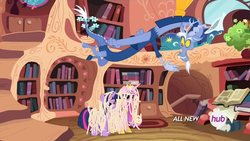 Size: 1440x810 | Tagged: safe, screencap, discord, princess cadance, twilight sparkle, alicorn, pony, g4, my little pony: friendship is magic, three's a crowd, blue flu, golden oaks library, hub logo, library, noodles, spaghetti, twilight sparkle (alicorn)