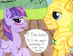 Size: 1024x792 | Tagged: safe, artist:the1king, flash sentry, twilight sparkle, alicorn, pony, g4, my little pony: friendship is magic, three's a crowd, blushing, female, male, mare, open mouth, raised hoof, ship:flashlight, shipping, shy, smiling, straight, twilight sparkle (alicorn)