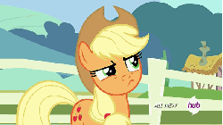 Size: 576x324 | Tagged: safe, screencap, applejack, g4, three's a crowd, :c, animated, female, frown, glare, hub logo, hubble, maybe, solo, suspicious, the hub