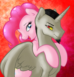 Size: 2000x2066 | Tagged: safe, artist:kelisah, discord, pinkie pie, alicorn, earth pony, pony, g4, alicornified, duo, facial hair, female, goatee, male, ponified, red background, ship:discopie, shipping, simple background, spread wings, straight, wings