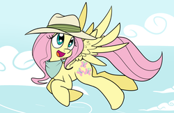 Size: 1300x844 | Tagged: safe, artist:reiduran, fluttershy, g4, three's a crowd, bandana, clothes, explorer outfit, fedora, female, hat, saddle bag, solo