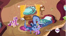 Size: 576x324 | Tagged: safe, screencap, discord, princess cadance, twilight sparkle, alicorn, draconequus, pony, g4, three's a crowd, animated, bed, blue flu, clock, female, glass of water, hub logo, hubble, male, mare, sisters-in-law, the hub, twilight sparkle (alicorn), twilight's bedroom