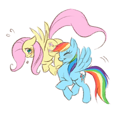 Size: 473x435 | Tagged: safe, artist:chien, fluttershy, rainbow dash, g4, blushing, crying, eyes closed, female, flying, lesbian, pixiv, plewds, ship:flutterdash, shipping, smiling, spread wings, startled, sweat
