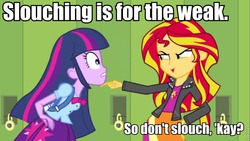 Size: 960x540 | Tagged: safe, edit, edited screencap, screencap, sunset shimmer, twilight sparkle, equestria girls, g4, duo, duo female, female, image macro, text