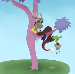 Size: 911x903 | Tagged: safe, artist:blastdown, discord, draconequus, g4, three's a crowd, arm behind head, blue background, eyes closed, male, simple background, sitting in a tree, solo, thinking tree, tree