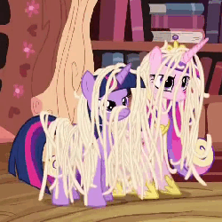 Size: 536x536 | Tagged: safe, screencap, princess cadance, twilight sparkle, alicorn, pony, g4, three's a crowd, animated, duo, female, mare, noodles, sisters-in-law, spaghetti, twilight sparkle (alicorn)