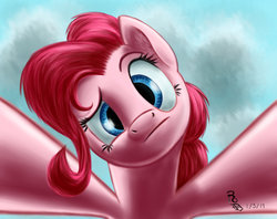 Size: 1024x811 | Tagged: safe, artist:ravenousdrake, pinkie pie, earth pony, pony, g4, confused, female, fourth wall, head tilt, looking at you, solo