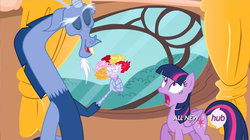 Size: 1601x899 | Tagged: safe, screencap, discord, twilight sparkle, alicorn, pegasus, pony, g4, three's a crowd, blue flu, bouquet, flower, golden oaks library, pegasus twilight sparkle, race swap, twilight sparkle (alicorn), unplugged