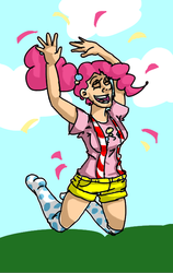 Size: 431x683 | Tagged: safe, artist:mcwhale4, pinkie pie, human, g4, clothes, female, human female, humanized, jumping, kneesocks, light skin, open mouth, socks, solo, suspenders