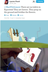 Size: 528x783 | Tagged: safe, bon bon, sweetie drops, oc, oc:fausticorn, g4, my little pony: friendship is magic, three's a crowd, don't believe her lies, exploitable meme, lauren faust, meme, memento, text, toilet, twitter, word of faust