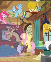 Size: 596x728 | Tagged: safe, screencap, discord, fluttershy, pinkie pie, rainbow dash, draconequus, pegasus, pony, g4, three's a crowd, behaving like a cat, bubble, catdash, cropped, female, fluttershy's cottage, green flu, male, mare