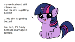 Size: 1194x668 | Tagged: safe, twilight sparkle, pony, unicorn, g4, explaining the joke, exploitable meme, female, filly, filly twilight sparkle, filly twilight telling an offensive joke, foal, gravity falls, her aim is getting better, legend of the gobblewonker, male, meme, sitting, solo, younger