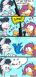 Size: 3210x6875 | Tagged: safe, artist:scootaloocuteness, rumble, scootaloo, g4, comic, gun, older