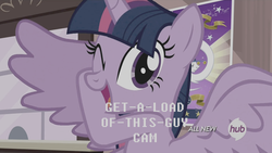 Size: 1920x1080 | Tagged: safe, edit, edited screencap, screencap, twilight sparkle, alicorn, pony, g4, three's a crowd, all new, female, get a load of this guy, hub logo, mare, meme, solo, text, twilight sparkle (alicorn), wayne's world, wink