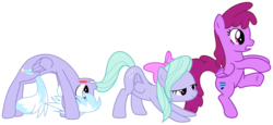 Size: 7000x3231 | Tagged: safe, artist:darknisfan1995, cloudchaser, flitter, juicy fruit, pegasus, pony, g4, absurd resolution, blushing, eyes on the prize, female, looking at butt, mare, not berry punch, show accurate, simple background, transparent background, vector