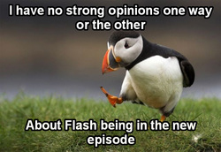 Size: 600x413 | Tagged: safe, edit, flash sentry, puffin, g4, three's a crowd, barely pony related, image macro, neutral response, photo, text, unpopular opinion puffin