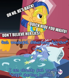 Size: 800x900 | Tagged: safe, edit, edited screencap, screencap, discord, flash sentry, g4, three's a crowd, caption, don't believe her lies, drama, equestria girls drama, meme, waifu thief