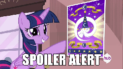 Size: 640x360 | Tagged: safe, screencap, star swirl the bearded, twilight sparkle, alicorn, pony, g4, season 4, three's a crowd, adorkable, adventure in the comments, animated, cute, dork, female, fourth wall, hub logo, hubble, image macro, looking at you, mare, reaction image, solo, spoiler, spoiler alert, spread wings, the hub, twiabetes, twilight sparkle (alicorn), wink
