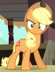 Size: 421x550 | Tagged: safe, screencap, applejack, earth pony, pony, g4, season 4, three's a crowd, angry, disappointed, female, looking at you, mare, solo